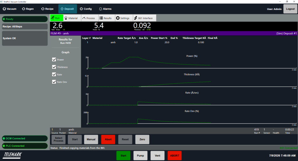 Works with the Telemark 861/862 Deposition Controller Windows Software for a Complete System Solution.