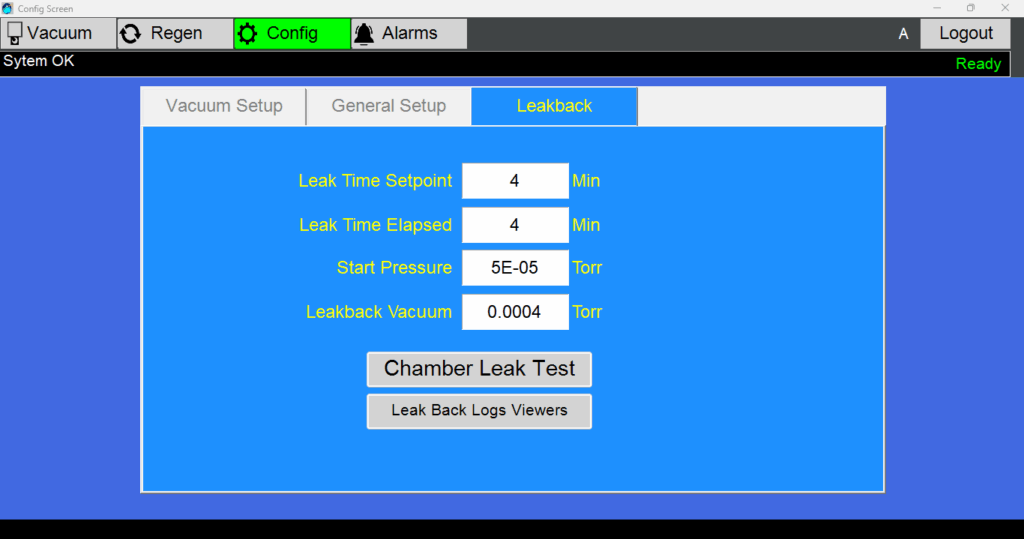 Telemark Vacuum System Controller one button chamber leak back test.