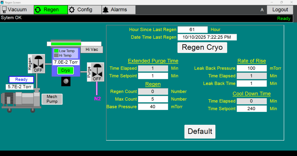Telemark Vacuum System Controller controls one button cryogenic vacuum pump regeneration